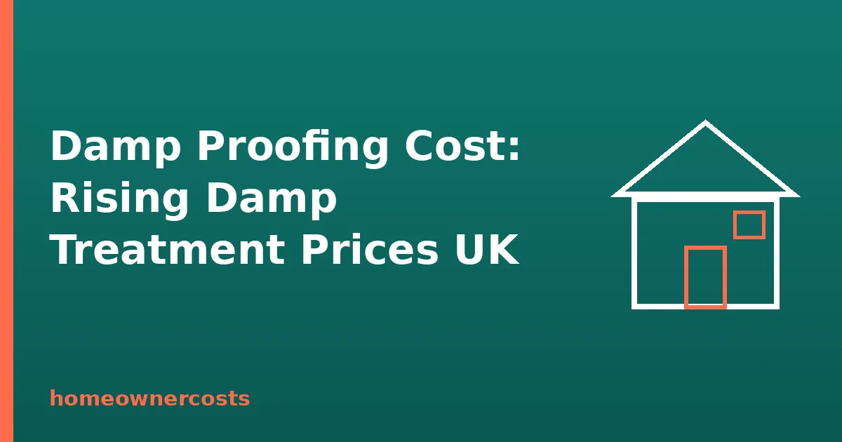 Teal graphic with a house outline and the words Damp Proofing Cost Rising Damp Treatment Prices UK